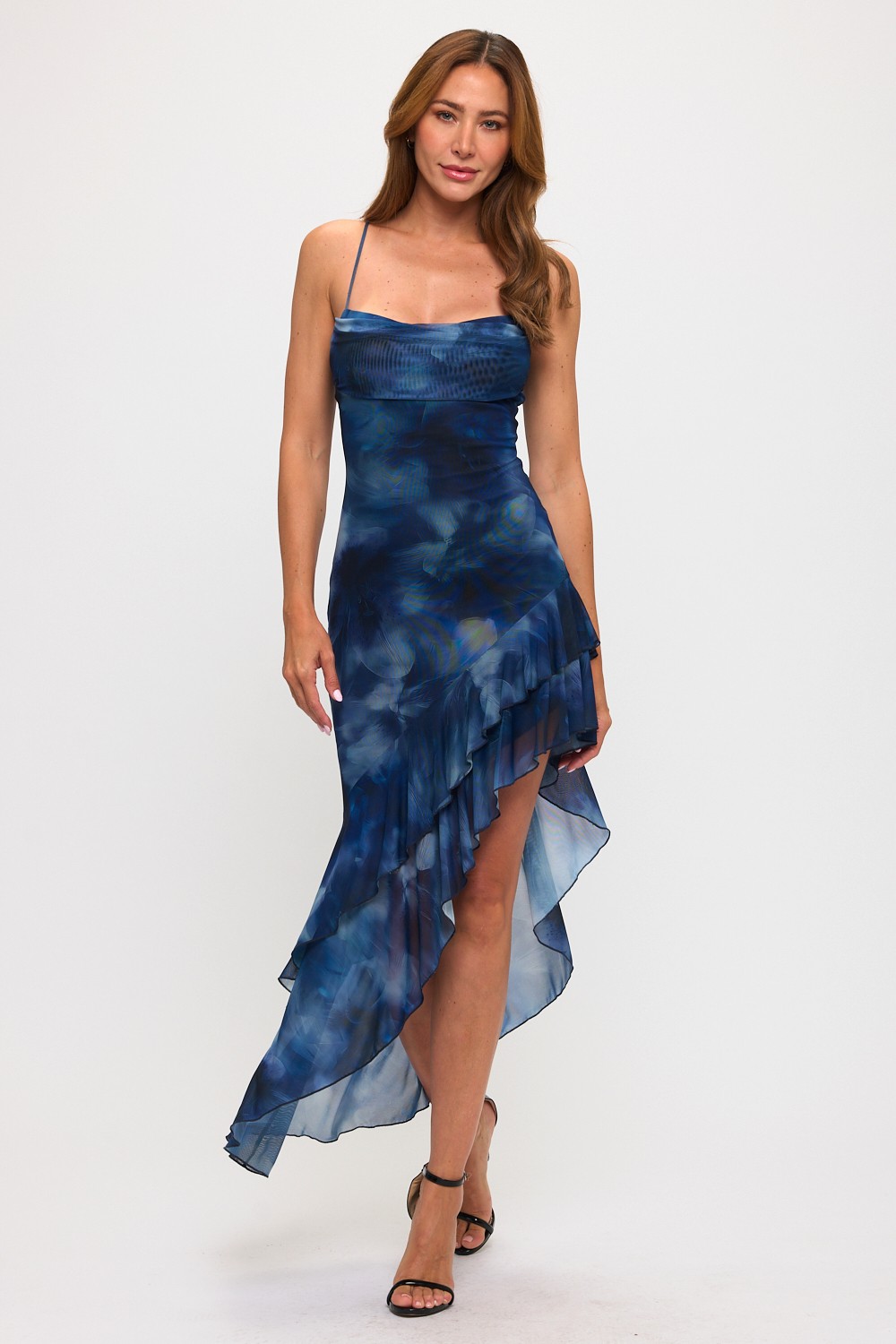 Blue printed high-low dress